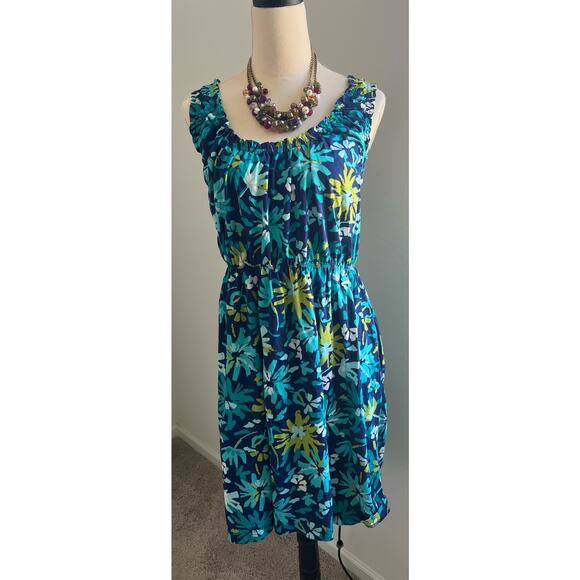 Stan Herman All Cotton Blue Green Floral Elastic Top/Waist Pockets Sun Dress 2X - Picture 1 of 8